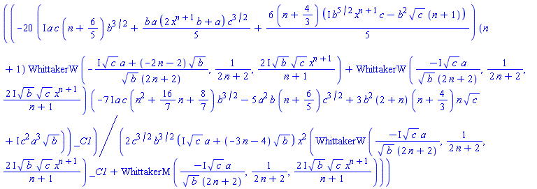 (1/2)*(-20*(I*a*c*(n+6/5)*b^(3/2)+(1/5)*b*a*(2*x^(n+1)*b+a)*c^(3/2)+(6/5)*(n+4/3)*(I*b^(5/2)*x^(n+1)*c-b^2*c^(1/2)*(n+1)))*(n+1)*WhittakerW(-(I*c^(1/2)*a+(-2*n-2)*b^(1/2))/(b^(1/2)*(2*n+2)), 1/(2*n+2), (2*I)*b^(1/2)*c^(1/2)*x^(n+1)/(n+1))+WhittakerW(-I*c^(1/2)*a/(b^(1/2)*(2*n+2)), 1/(2*n+2), (2*I)*b^(1/2)*c^(1/2)*x^(n+1)/(n+1))*(-(7*I)*a*c*(n^2+(16/7)*n+8/7)*b^(3/2)-5*a^2*b*(n+6/5)*c^(3/2)+3*b^2*(2+n)*(n+4/3)*n*c^(1/2)+I*c^2*a^3*b^(1/2)))*_C1/(c^(3/2)*b^(3/2)*(I*c^(1/2)*a+(-3*n-4)*b^(1/2))*x^2*(WhittakerW(-I*c^(1/2)*a/(b^(1/2)*(2*n+2)), 1/(2*n+2), (2*I)*b^(1/2)*c^(1/2)*x^(n+1)/(n+1))*_C1+WhittakerM(-I*c^(1/2)*a/(b^(1/2)*(2*n+2)), 1/(2*n+2), (2*I)*b^(1/2)*c^(1/2)*x^(n+1)/(n+1))))