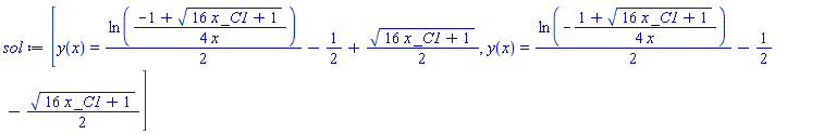 [y(x) = (1/2)*ln((1/4)*(-1+(16*_C1*x+1)^(1/2))/x)-1/2+(1/2)*(16*_C1*x+1)^(1/2), y(x) = (1/2)*ln(-(1/4)*(1+(16*_C1*x+1)^(1/2))/x)-1/2-(1/2)*(16*_C1*x+1)^(1/2)]