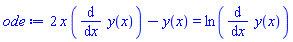 2*x*(diff(y(x), x))-y(x) = ln(diff(y(x), x))
