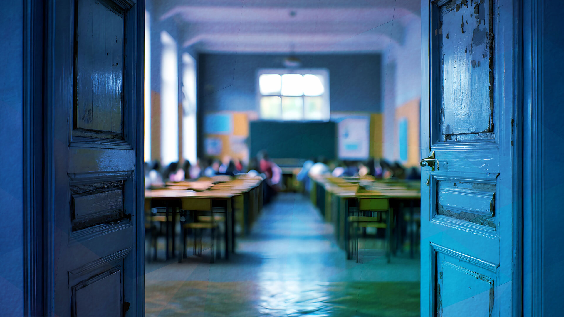 Open classroom door with students inside