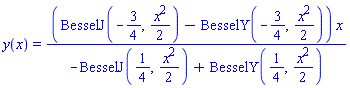 y(x) = (BesselJ(-3/4, (1/2)*x^2)-BesselY(-3/4, (1/2)*x^2))*x/(-BesselJ(1/4, (1/2)*x^2)+BesselY(1/4, (1/2)*x^2))