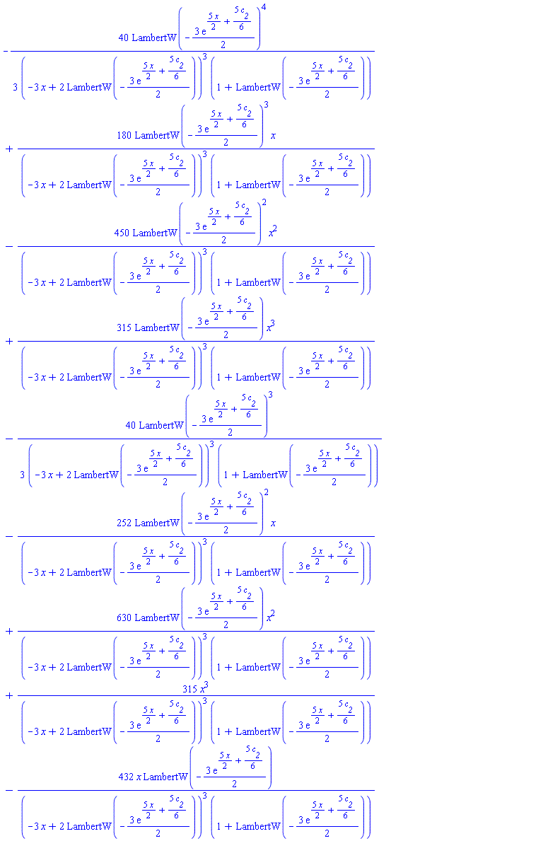 -(40/3)*LambertW(-(3/2)*exp((5/2)*x+(5/6)*c__2))^4/((-3*x+2*LambertW(-(3/2)*exp((5/2)*x+(5/6)*c__2)))^3*(1+LambertW(-(3/2)*exp((5/2)*x+(5/6)*c__2))))+180*LambertW(-(3/2)*exp((5/2)*x+(5/6)*c__2))^3*x/((-3*x+2*LambertW(-(3/2)*exp((5/2)*x+(5/6)*c__2)))^3*(1+LambertW(-(3/2)*exp((5/2)*x+(5/6)*c__2))))-450*LambertW(-(3/2)*exp((5/2)*x+(5/6)*c__2))^2*x^2/((-3*x+2*LambertW(-(3/2)*exp((5/2)*x+(5/6)*c__2)))^3*(1+LambertW(-(3/2)*exp((5/2)*x+(5/6)*c__2))))+315*LambertW(-(3/2)*exp((5/2)*x+(5/6)*c__2))*x^3/((-3*x+2*LambertW(-(3/2)*exp((5/2)*x+(5/6)*c__2)))^3*(1+LambertW(-(3/2)*exp((5/2)*x+(5/6)*c__2))))-(40/3)*LambertW(-(3/2)*exp((5/2)*x+(5/6)*c__2))^3/((-3*x+2*LambertW(-(3/2)*exp((5/2)*x+(5/6)*c__2)))^3*(1+LambertW(-(3/2)*exp((5/2)*x+(5/6)*c__2))))-252*LambertW(-(3/2)*exp((5/2)*x+(5/6)*c__2))^2*x/((-3*x+2*LambertW(-(3/2)*exp((5/2)*x+(5/6)*c__2)))^3*(1+LambertW(-(3/2)*exp((5/2)*x+(5/6)*c__2))))+630*LambertW(-(3/2)*exp((5/2)*x+(5/6)*c__2))*x^2/((-3*x+2*LambertW(-(3/2)*exp((5/2)*x+(5/6)*c__2)))^3*(1+LambertW(-(3/2)*exp((5/2)*x+(5/6)*c__2))))+315*x^3/((-3*x+2*LambertW(-(3/2)*exp((5/2)*x+(5/6)*c__2)))^3*(1+LambertW(-(3/2)*exp((5/2)*x+(5/6)*c__2))))-432*x*LambertW(-(3/2)*exp((5/2)*x+(5/6)*c__2))/((-3*x+2*LambertW(-(3/2)*exp((5/2)*x+(5/6)*c__2)))^3*(1+LambertW(-(3/2)*exp((5/2)*x+(5/6)*c__2))))