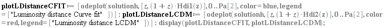 plotLDistanceCFIT := [odeplot(solutionh, [z, (1+z)*Hdi1(z)], 0 .. Pa[2], color = blue, legend = ["Luminosity distance Curve fit"])]; plotLDistanceLCDM := [odeplot(solutionh, [z, (1+z)*Hdi2(z)], 0 .. Pa[2], color = red, legend = ["Luminosity distance LCDM"])]; display(plotLDistanceCFIT, plotLDistanceLCDM)