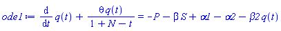 diff(q(t), t)+theta*q(t)/(1+N-t) = -P-beta*S+alpha1-alpha2-beta2*q(t)