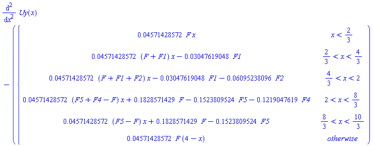 diff(diff(Uy(x), x), x)-piecewise(x < 2/3, 0.4571428572e-1*F*x, 2/3 < x and x < 4/3, 0.4571428572e-1*(F+F1)*x-0.3047619048e-1*F1, 4/3 < x and x < 2, 0.4571428572e-1*(F+F1+F2)*x-0.3047619048e-1*F1-0.6095238096e-1*F2, 2 < x and x < 8/3, 0.4571428572e-1*(F5+F4-F)*x+.1828571429*F-.1523809524*F5-.1219047619*F4, 8/3 < x and x < 10/3, 0.4571428572e-1*(F5-F)*x+.1828571429*F-.1523809524*F5, 0.4571428572e-1*F*(4-x))