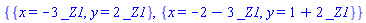 {{x = -3*_Z1, y = 2*_Z1}, {x = -2-3*_Z1, y = 1+2*_Z1}}