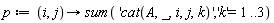 p := proc (i, j) options operator, arrow; sum('cat(A, _, i, j, k)', 'k' = 1 .. 3) end proc