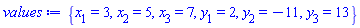 {x[1] = 3, x[2] = 5, x[3] = 7, y[1] = 2, y[2] = -11, y[3] = 13}