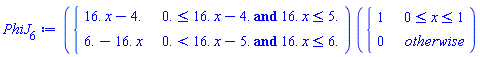 PhiJ[6] := piecewise(`and`(0. <= 16.*x-4., 16.*x <= 5.), 16.*x-4., `and`(0. < 16.*x-5., 16.*x <= 6.), 6.-16.*x)*piecewise(0 <= x and x <= 1, 1, 0)