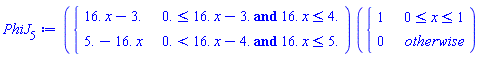 PhiJ[5] := piecewise(`and`(0. <= 16.*x-3., 16.*x <= 4.), 16.*x-3., `and`(0. < 16.*x-4., 16.*x <= 5.), 5.-16.*x)*piecewise(0 <= x and x <= 1, 1, 0)