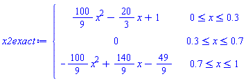 x2exact := piecewise(0 <= x and x <= .3, (100/9)*x^2-(20/3)*x+1, .3 <= x and x <= .7, 0, .7 <= x and x <= 1, -(100/9)*x^2+(140/9)*x-49/9)