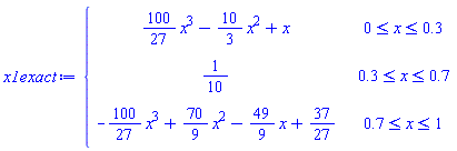 piecewise(0 <= x and x <= .3, (100/27)*x^3-(10/3)*x^2+x, .3 <= x and x <= .7, 1/10, .7 <= x and x <= 1, -(100/27)*x^3+(70/9)*x^2-(49/9)*x+37/27)