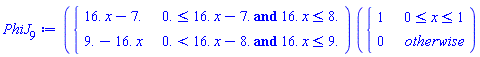 PhiJ[9] := piecewise(`and`(0. <= 16.*x-7., 16.*x <= 8.), 16.*x-7., `and`(0. < 16.*x-8., 16.*x <= 9.), 9.-16.*x)*piecewise(0 <= x and x <= 1, 1, 0)