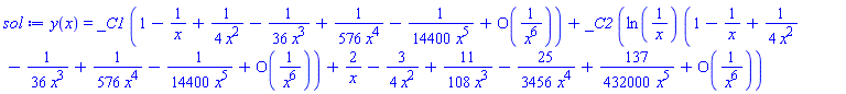 y(x) = _C1*(1-1/x+(1/4)/x^2-(1/36)/x^3+(1/576)/x^4-(1/14400)/x^5+O(1/x^6))+_C2*(ln(1/x)*(1-1/x+(1/4)/x^2-(1/36)/x^3+(1/576)/x^4-(1/14400)/x^5+O(1/x^6))+2/x-(3/4)/x^2+(11/108)/x^3-(25/3456)/x^4+(137/432000)/x^5+O(1/x^6))