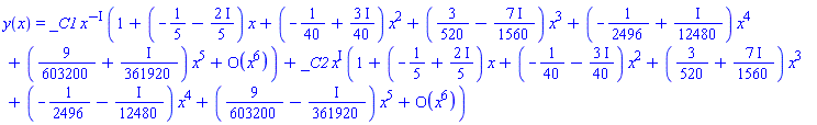 y(x) = _C1*x^(-I)*(series(1+(-1/5-(2/5)*I)*x+(-1/40+(3/40)*I)*x^2+(3/520-(7/1560)*I)*x^3+(-1/2496+(1/12480)*I)*x^4+(9/603200+(1/361920)*I)*x^5+O(x^6),x,6))+_C2*x^I*(series(1+(-1/5+(2/5)*I)*x+(-1/40-(3/40)*I)*x^2+(3/520+(7/1560)*I)*x^3+(-1/2496-(1/12480)*I)*x^4+(9/603200-(1/361920)*I)*x^5+O(x^6),x,6))