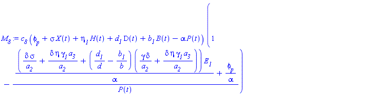c__8*(phi__p+sigma*X(t)+eta__1*H(t)+d__1*D(t)+b__1*B(t)-alpha*P(t))*(1-((delta*sigma/a__2+delta*eta*gamma__1*a__3/a__2+(d__1/d-b__1/b)*(gamma*delta/a__2+delta*eta*gamma__1*a__3/a__2))*E__1/alpha+phi__p/alpha)/P(t))