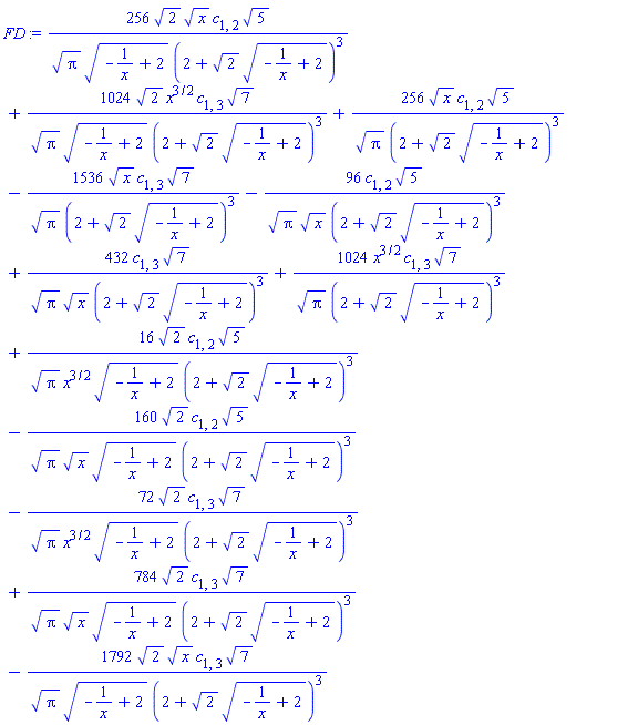 256*2^(1/2)*x^(1/2)*c[1, 2]*5^(1/2)/(Pi^(1/2)*(-1/x+2)^(1/2)*(2+2^(1/2)*(-1/x+2)^(1/2))^3)+1024*2^(1/2)*x^(3/2)*c[1, 3]*7^(1/2)/(Pi^(1/2)*(-1/x+2)^(1/2)*(2+2^(1/2)*(-1/x+2)^(1/2))^3)+256*x^(1/2)*c[1, 2]*5^(1/2)/(Pi^(1/2)*(2+2^(1/2)*(-1/x+2)^(1/2))^3)-1536*x^(1/2)*c[1, 3]*7^(1/2)/(Pi^(1/2)*(2+2^(1/2)*(-1/x+2)^(1/2))^3)-96*c[1, 2]*5^(1/2)/(Pi^(1/2)*x^(1/2)*(2+2^(1/2)*(-1/x+2)^(1/2))^3)+432*c[1, 3]*7^(1/2)/(Pi^(1/2)*x^(1/2)*(2+2^(1/2)*(-1/x+2)^(1/2))^3)+1024*x^(3/2)*c[1, 3]*7^(1/2)/(Pi^(1/2)*(2+2^(1/2)*(-1/x+2)^(1/2))^3)+16*2^(1/2)*c[1, 2]*5^(1/2)/(Pi^(1/2)*x^(3/2)*(-1/x+2)^(1/2)*(2+2^(1/2)*(-1/x+2)^(1/2))^3)-160*2^(1/2)*c[1, 2]*5^(1/2)/(Pi^(1/2)*x^(1/2)*(-1/x+2)^(1/2)*(2+2^(1/2)*(-1/x+2)^(1/2))^3)-72*2^(1/2)*c[1, 3]*7^(1/2)/(Pi^(1/2)*x^(3/2)*(-1/x+2)^(1/2)*(2+2^(1/2)*(-1/x+2)^(1/2))^3)+784*2^(1/2)*c[1, 3]*7^(1/2)/(Pi^(1/2)*x^(1/2)*(-1/x+2)^(1/2)*(2+2^(1/2)*(-1/x+2)^(1/2))^3)-1792*2^(1/2)*x^(1/2)*c[1, 3]*7^(1/2)/(Pi^(1/2)*(-1/x+2)^(1/2)*(2+2^(1/2)*(-1/x+2)^(1/2))^3)