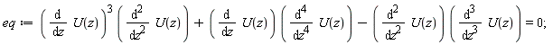 eq := (diff(U(z), z))^3*(diff(U(z), z, z))+(diff(U(z), z))*(diff(U(z), z, z, z, z))-(diff(U(z), z, z))*(diff(U(z), z, z, z)) = 0