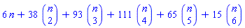 6*n+38*binomial(n, 2)+93*binomial(n, 3)+111*binomial(n, 4)+65*binomial(n, 5)+15*binomial(n, 6)