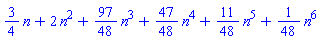 (3/4)*n+2*n^2+(97/48)*n^3+(47/48)*n^4+(11/48)*n^5+(1/48)*n^6