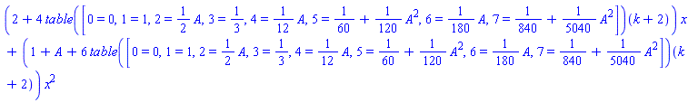 (2+4*(table( [( 0 ) = 0, ( 1 ) = 1, ( 2 ) = (1/2)*A, ( 3 ) = 1/3, ( 4 ) = (1/12)*A, ( 5 ) = 1/60+(1/120)*A^2, ( 6 ) = (1/180)*A, ( 7 ) = 1/840+(1/5040)*A^2 ] ))(k+2))*x+(1+A+6*(table( [( 0 ) = 0, ( 1 ) = 1, ( 2 ) = (1/2)*A, ( 3 ) = 1/3, ( 4 ) = (1/12)*A, ( 5 ) = 1/60+(1/120)*A^2, ( 6 ) = (1/180)*A, ( 7 ) = 1/840+(1/5040)*A^2 ] ))(k+2))*x^2