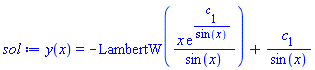 y(x) = -LambertW(x*exp(c[1]/sin(x))/sin(x))+c[1]/sin(x)