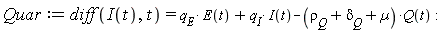 Quar := diff((I)(t), t) = q__E*E(t)+q__I*(I)(t)-(`&rho;__Q`+`&delta;__Q`+µ)*Q(t)
