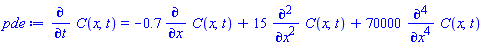 diff(C(x, t), t) = -.7*(diff(C(x, t), x))+15*(diff(diff(C(x, t), x), x))+70000*(diff(diff(diff(diff(C(x, t), x), x), x), x))