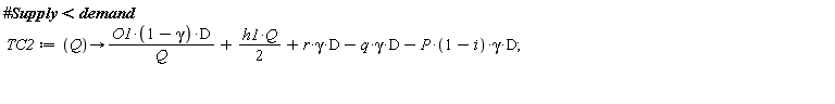 TC2 := proc (Q) options operator, arrow; O1*(1-gamma)*D/Q+(1/2)*h1*Q+r*gamma*D-q*gamma*D-P*(1-i)*gamma*D end proc