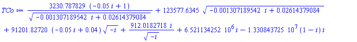 3230.787829*(-0.5e-1*i+1)/(-0.1307189542e-2*i+0.2614379084e-1)^(1/2)+123577.6345*(-0.1307189542e-2*i+0.2614379084e-1)^(1/2)+91201.82720*(-0.5e-1*i+0.4e-1)*(-i)^(1/2)+912.0182718*i/(-i)^(1/2)+6521134.252*i-13308437.25*(1-i)*i