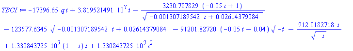 -17396.65*q*i+38195214.91*i-3230.787829*(-0.5e-1*i+1)/(-0.1307189542e-2*i+0.2614379084e-1)^(1/2)-123577.6345*(-0.1307189542e-2*i+0.2614379084e-1)^(1/2)-91201.82720*(-0.5e-1*i+0.4e-1)*(-i)^(1/2)-912.0182718*i/(-i)^(1/2)+13308437.25*(1-i)*i+13308437.25*i^2