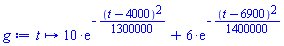 proc (t) options operator, arrow, function_assign; 10*exp(-(1/1300000)*(t-4000)^2)+6*exp(-(1/1400000)*(t-6900)^2) end proc