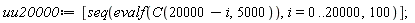 uu20000 := [seq(evalf(C(20000-i, 5000)), i = 0 .. 20000, 100)]