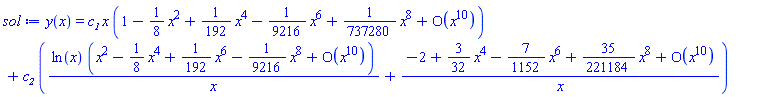 y(x) = c__1*x*(series(1-(1/8)*x^2+(1/192)*x^4-(1/9216)*x^6+(1/737280)*x^8+O(x^10),x,10))+c__2*(ln(x)*(series(x^2-(1/8)*x^4+(1/192)*x^6-(1/9216)*x^8+O(x^10),x,10))/x+(series(-2+(3/32)*x^4-(7/1152)*x^6+(35/221184)*x^8+O(x^10),x,10))/x)
