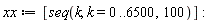 xx := [seq(k, k = 0 .. 6500, 100)]