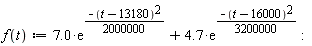 "f(t):=7.0*(e)^((-(t-13180)^(2))/(2000000))+4.7*(e)^((-(t-16000)^(2))/(3200000)):"
