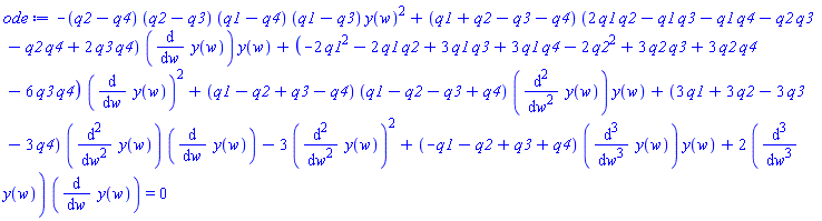 -(q2-q4)*(q2-q3)*(q1-q4)*(q1-q3)*y(w)^2+(q1+q2-q3-q4)*(2*q1*q2-q1*q3-q1*q4-q2*q3-q2*q4+2*q3*q4)*(diff(y(w), w))*y(w)+(-2*q1^2-2*q1*q2+3*q1*q3+3*q1*q4-2*q2^2+3*q2*q3+3*q2*q4-6*q3*q4)*(diff(y(w), w))^2+(q1-q2+q3-q4)*(q1-q2-q3+q4)*(diff(diff(y(w), w), w))*y(w)+(3*q1+3*q2-3*q3-3*q4)*(diff(diff(y(w), w), w))*(diff(y(w), w))-3*(diff(diff(y(w), w), w))^2+(-q1-q2+q3+q4)*(diff(diff(diff(y(w), w), w), w))*y(w)+2*(diff(diff(diff(y(w), w), w), w))*(diff(y(w), w)) = 0