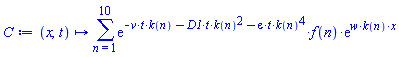 proc (x, t) options operator, arrow, function_assign; sum(exp(-v*t*k(n)-D1*t*k(n)^2-varepsilon*t*k(n)^4)*f(n)*exp(w*k(n)*x), n = 1 .. 10) end proc