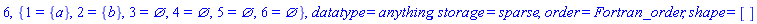 6, {1 = {a}, 2 = {b}, 3 = {}, 4 = {}, 5 = {}, 6 = {}}, datatype = anything, storage = sparse, order = Fortran_order, shape = []