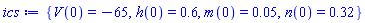 {V(0) = -65, h(0) = .6, m(0) = 0.5e-1, n(0) = .32}