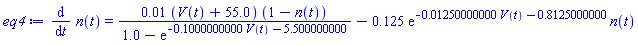 diff(n(t), t) = 0.1e-1*(V(t)+55.0)*(1-n(t))/(1.0-exp(-.1000000000*V(t)-5.500000000))-.125*exp(-0.1250000000e-1*V(t)-.8125000000)*n(t)