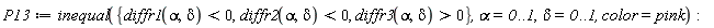 P13 := inequal({diffr3(alpha, delta) > 0, diffr1(alpha, delta) < 0, diffr2(alpha, delta) < 0}, alpha = 0 .. 1, delta = 0 .. 1, color = pink)