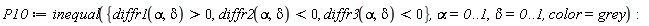 P10 := inequal({diffr1(alpha, delta) > 0, diffr2(alpha, delta) < 0, diffr3(alpha, delta) < 0}, alpha = 0 .. 1, delta = 0 .. 1, color = grey)