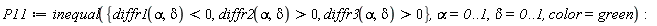 P11 := inequal({diffr2(alpha, delta) > 0, diffr3(alpha, delta) > 0, diffr1(alpha, delta) < 0}, alpha = 0 .. 1, delta = 0 .. 1, color = green)