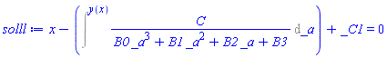 x-Intat(C/(B0*_a^3+B1*_a^2+B2*_a+B3), _a = y(x))+_C1 = 0