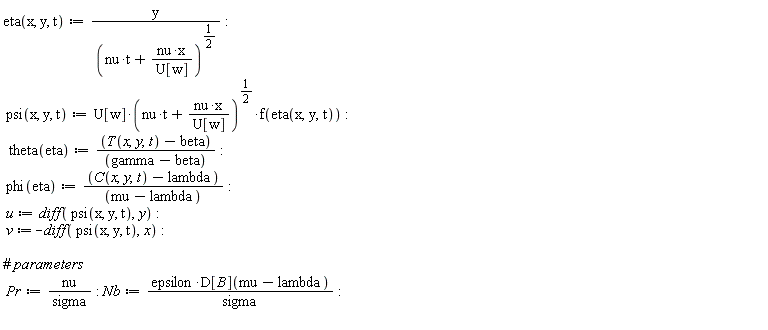 eta := proc (x, y, t) options operator, arrow; y/(nu*t+nu*x/U[w])^(1/2) end proc: