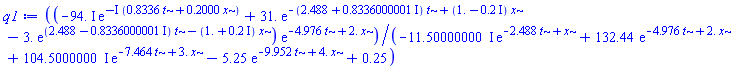 (-(94.*I)*exp(-I*(.8336*t+.2000*x))+31.*exp((-2.488-.8336000001*I)*t+(1.-.2*I)*x)-3.*exp((2.488-.8336000001*I)*t+(-1.-.2*I)*x))*exp(-4.976*t+2.*x)/(-(11.50000000*I)*exp(-2.488*t+x)+132.44*exp(-4.976*t+2.*x)+(104.5000000*I)*exp(-7.464*t+3.*x)-5.25*exp(-9.952*t+4.*x)+.25)