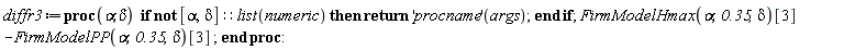 diffr3 := proc (alpha, delta) if not [alpha, delta]::(list(numeric)) then return ('procname')(args) end if; FirmModelHmax(alpha, .35, delta)[3]-FirmModelPP(alpha, .35, delta)[3] end proc