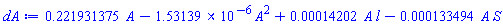 .221931375*A-0.153139e-5*A^2+0.14202e-3*A*l-0.133494e-3*A*S