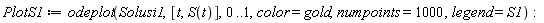 PlotS1 := odeplot(Solusi1, [t, S(t)], 0 .. 1, color = gold, numpoints = 1000, legend = S1)